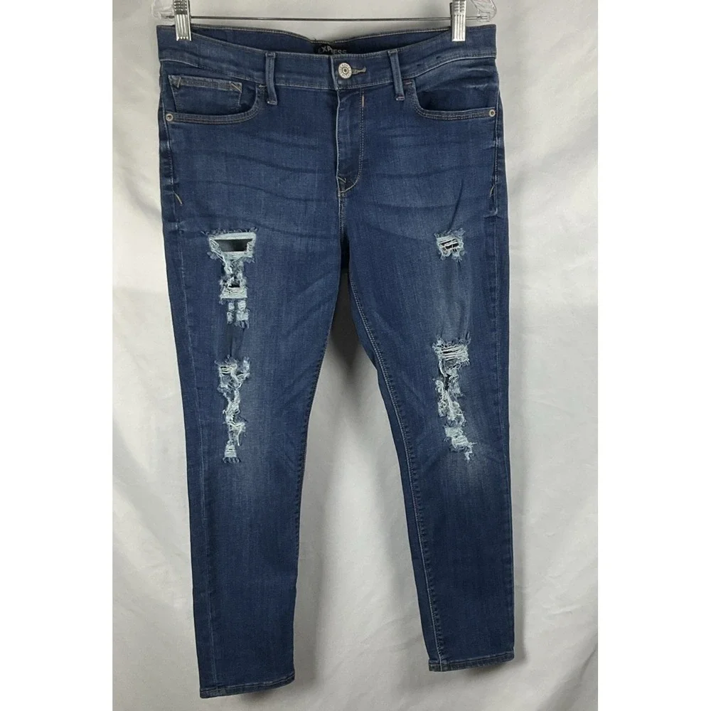 Express  Womens 12S  Blue Denim Jeans Cotton Stretch Distressed Mid Rise Legging